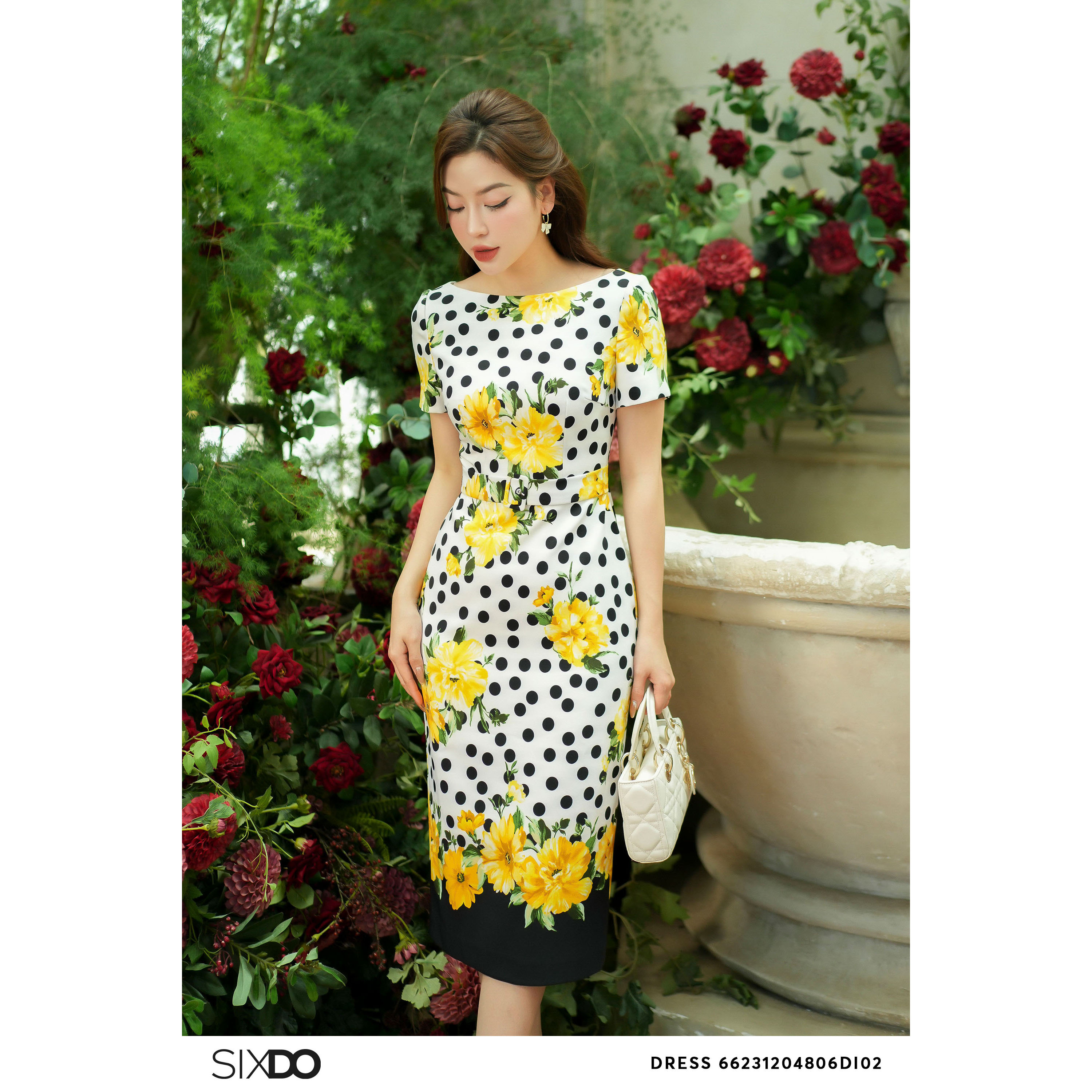Đầm dệt thoi hoạ tiết hoa chấm bi SIXDO (White Polka Dot Woven Midi Dress)
