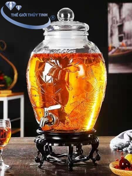 Bình Ngâm Rượu Sâm Thủy Tinh Họa Tiết Sen Cá Chép 6 Lít Có Van