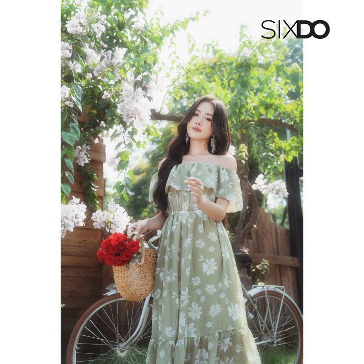 Đầm hoa voan midi trễ vai chun eo thời trang SIXDO (Floral Maxi Voile Dress)