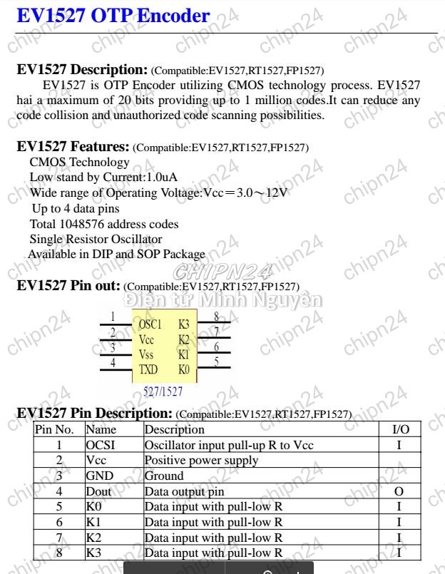 [3 con] (SOP) IC Dán EV1527 SOP-8 (SMD) (1527 OTP Encoder) - HH002249