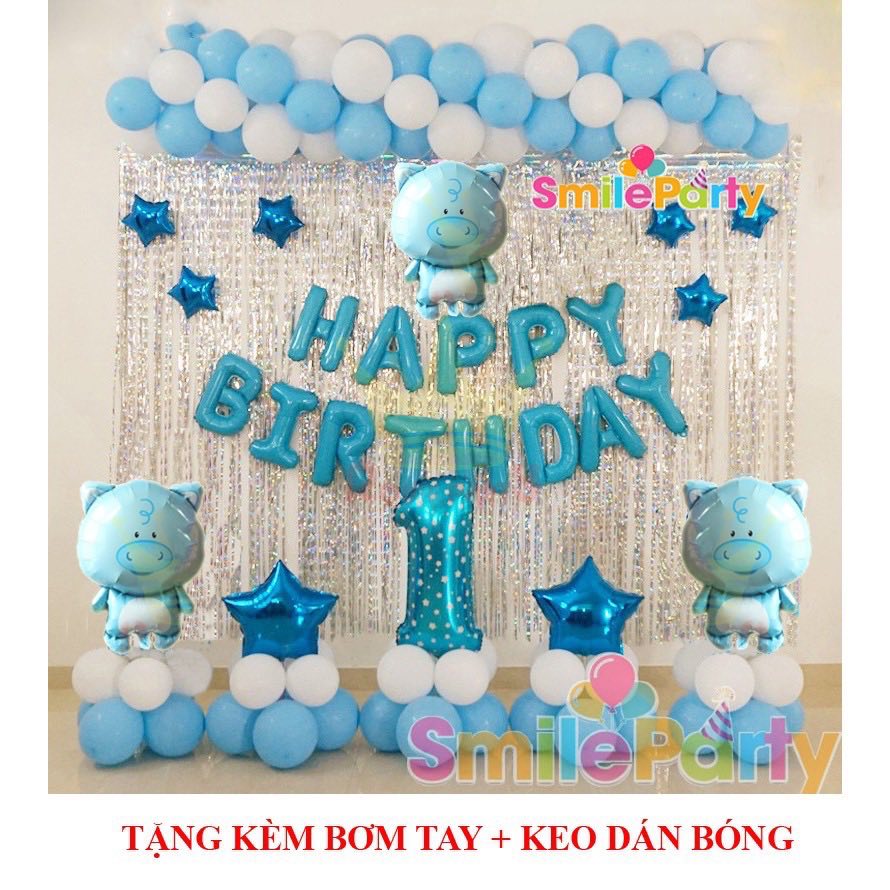 Set Trang Trí Sinh Nhật Cho Bé HEO/LỢN 1 TuổI (Kèm bơm+băng keo dính bóng)