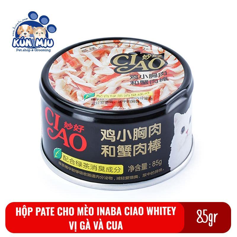Thức ăn Pate cho mèo Inaba Ciao Whitey hộp 85g Vị gà và cua