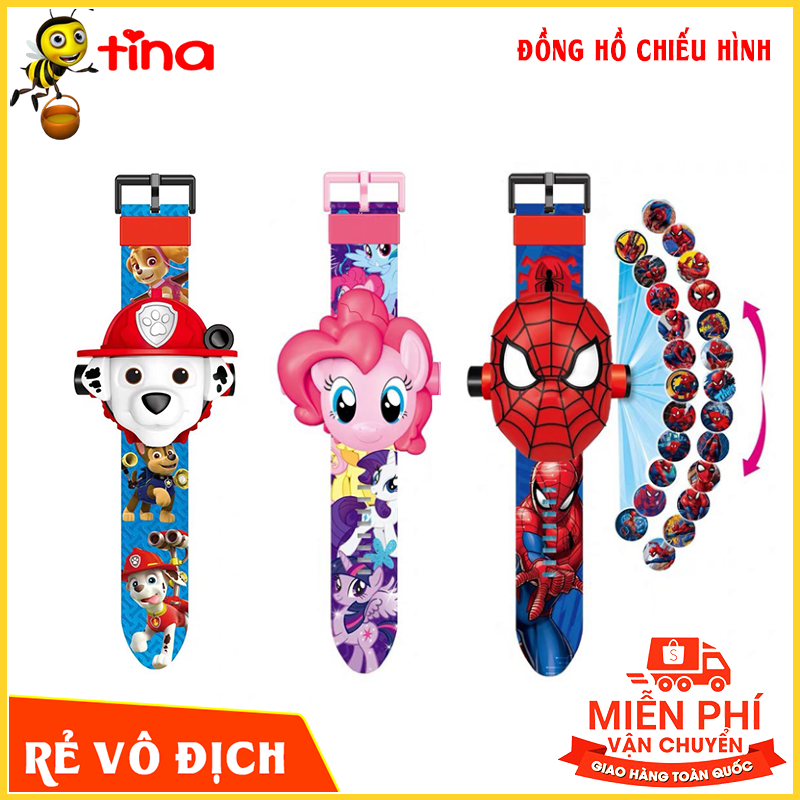 Nơi bán Đồng hồ cho bé hình người nhện elsa, batman, đội cứu hộ, ninja chiếu hình ảnh lên tường người nhện E128