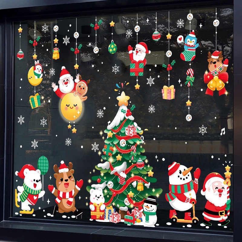 Decal trang trí noel dán cửa kính,decor giáng sinh - hít tĩnh điện 2 mặt in sắc nét mẫu ghép amj50+51+52 nl044