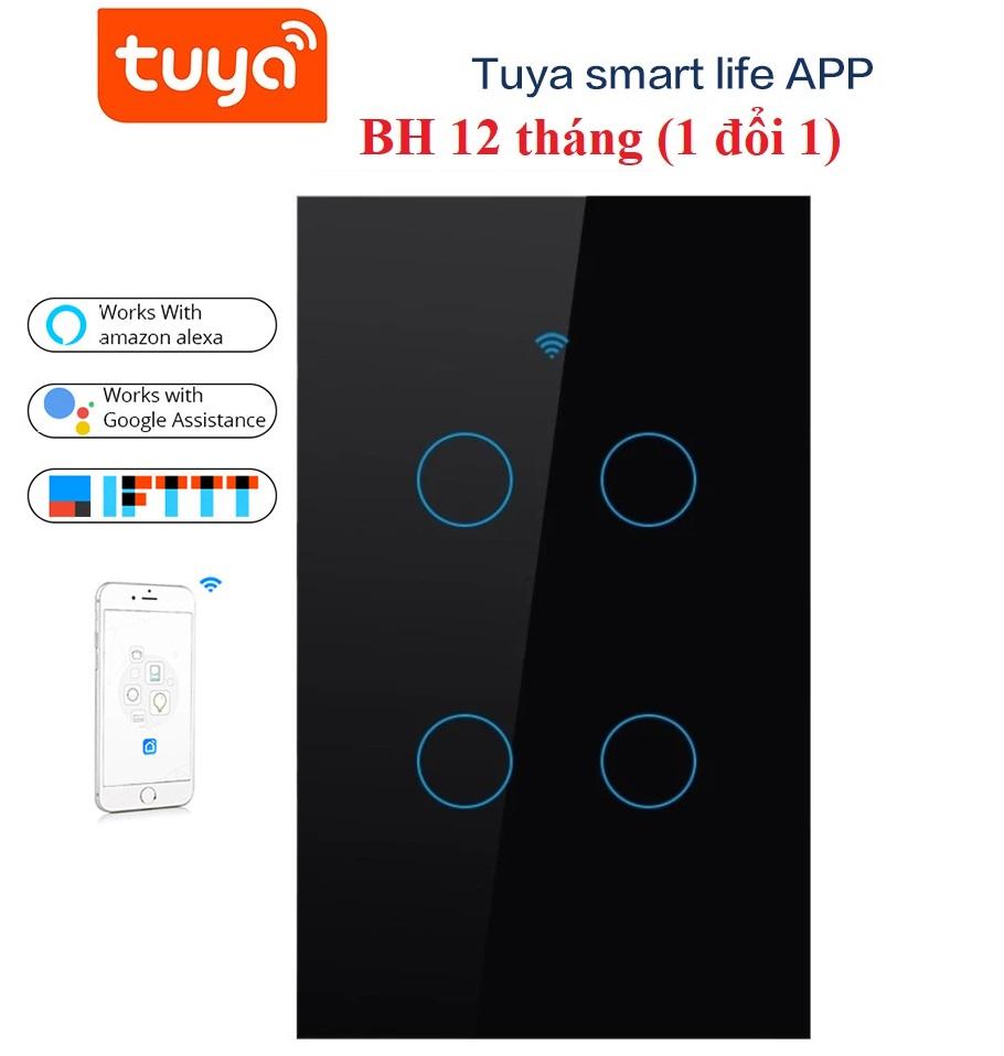 Công tắc Wifi Tuya cảm ứng 4 nút - HCN màu đen. BH 12 tháng