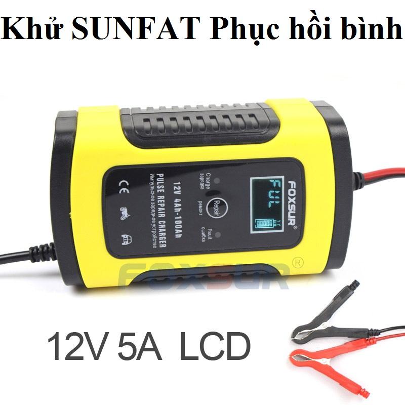 Máy sạc bình ắc quy sạc binh ac quy 12v Sạc ắc quy 12V tự động sạc ắc quy thông minh cho xe hơi và xe máy FOXSUR có khử sunfat (Đen phối Vàng)