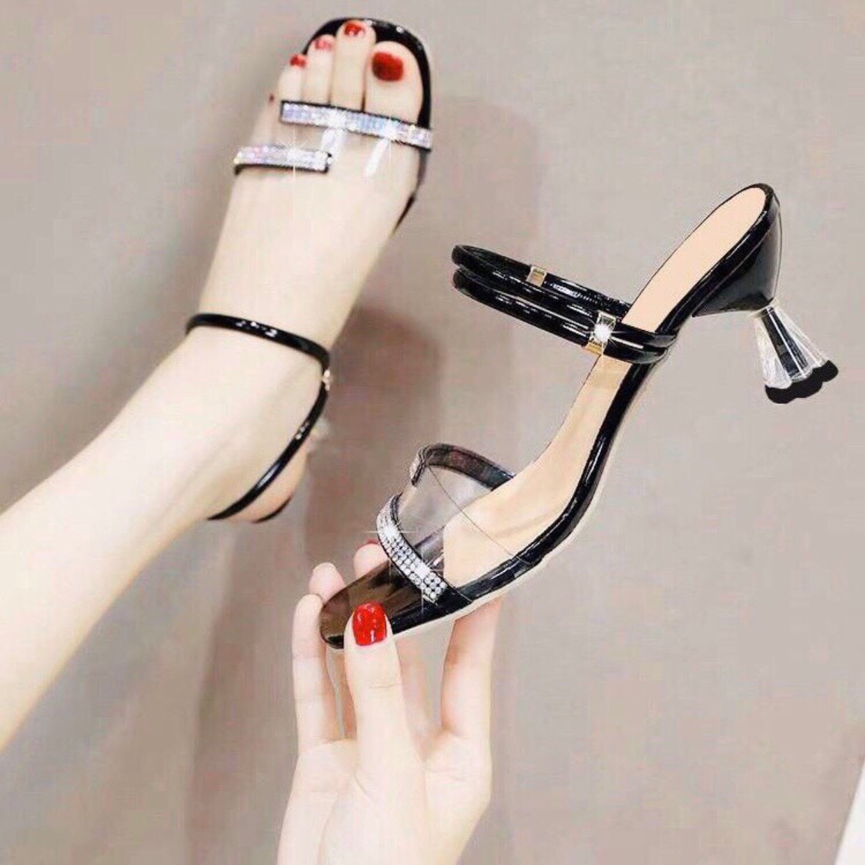 Giày cao gót 6p quai trong phối xoàn gót nhọn mang 2 kiểu N9