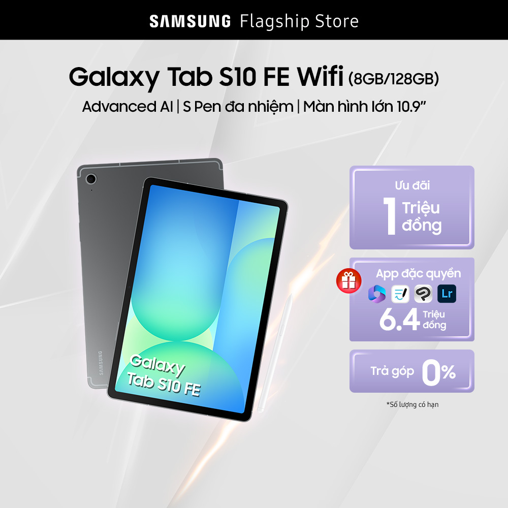 Máy tính bảng Samsung Galaxy Tab S10 FE (8GB/128GB), Advanced AI, S Pen đa nhiệm, Màn hình lớn 13.1″