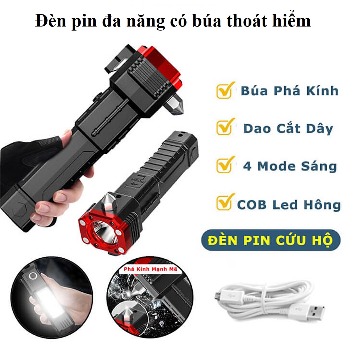 Đèn pin led siêu sáng có búa an toàn và đèn pin bên nam châm mạnh đèn pin đa năng cho xe hơi - đèn pin siêu sáng 3w tourch đa chức năng chiếu xa 300m - đèn pin led có búa chống nước, đèn ngoài trời, thiết bị cắm trại ngoài trời.....- top sỉ sg