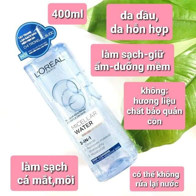 Nước tẩy trang L'Oreal Paris 3-in-1 Micellar Water 400ml