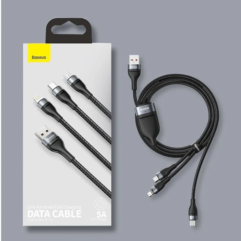 Cáp sạc nhanh 3 đầu baseus flash charging 3in1 type c/ lightning/ micro, 5a/66w, dài 1.2m - phụ kiện 1986
