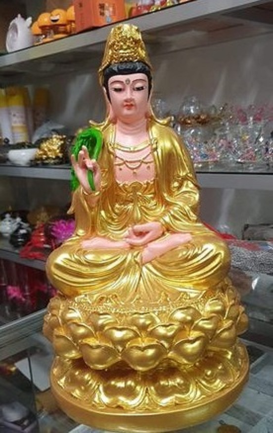 Tượng phật quan âm bồ tát màu vàng ngồi poly cao 30 cm cực đẹp - mẹ cầm nhành dương liễu