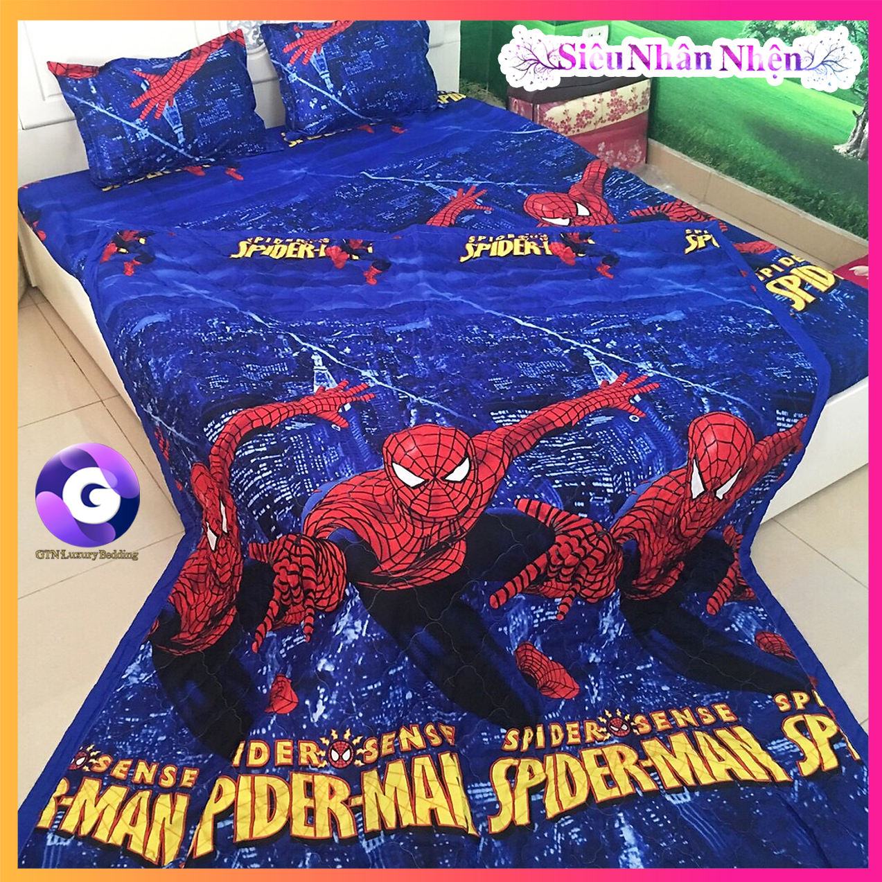 Bộ chăn ga vỏ gối siêu nhân nhện chất liệu cotton poly