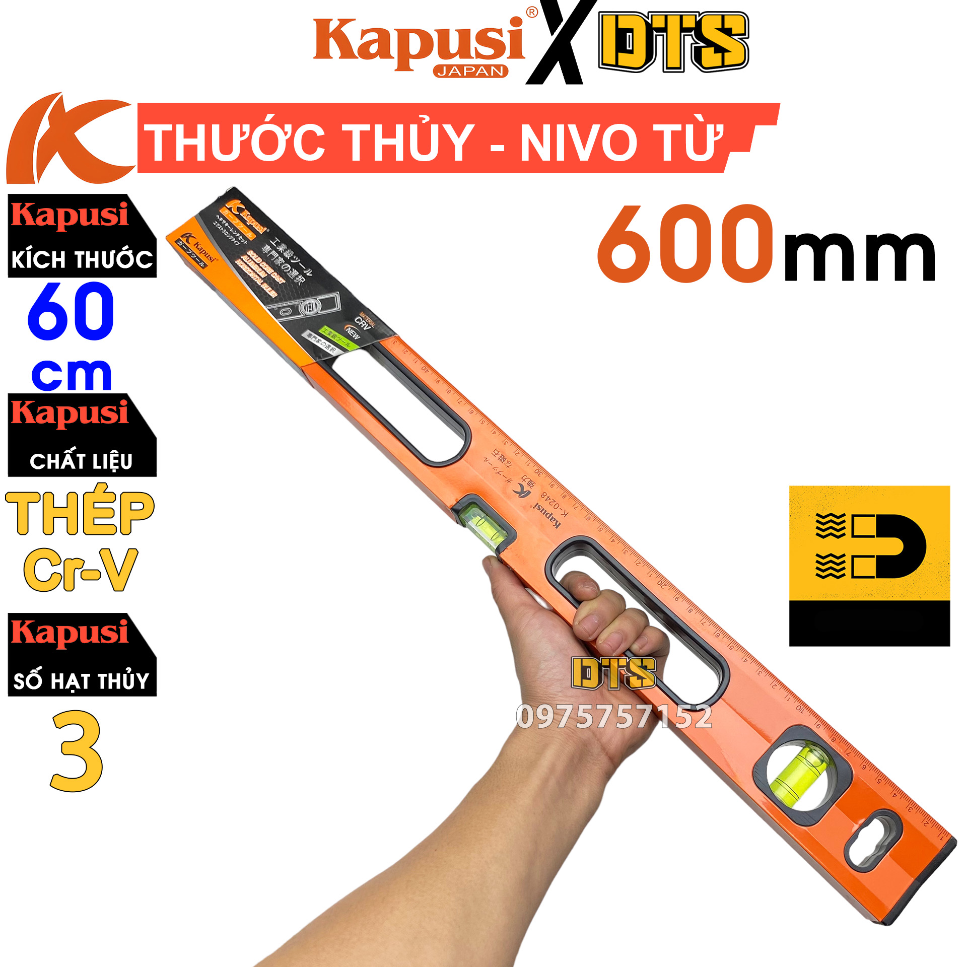 Thước thủy đế từ 60cm Kapusi cao cấp chính hãng| Thước nivo 600mm có nam châm thép CR-V siêu bền, chính xác tuyệt đối, thước livo điều chỉnh cân bằng, thước thủy từ tính, đo góc nghiêng