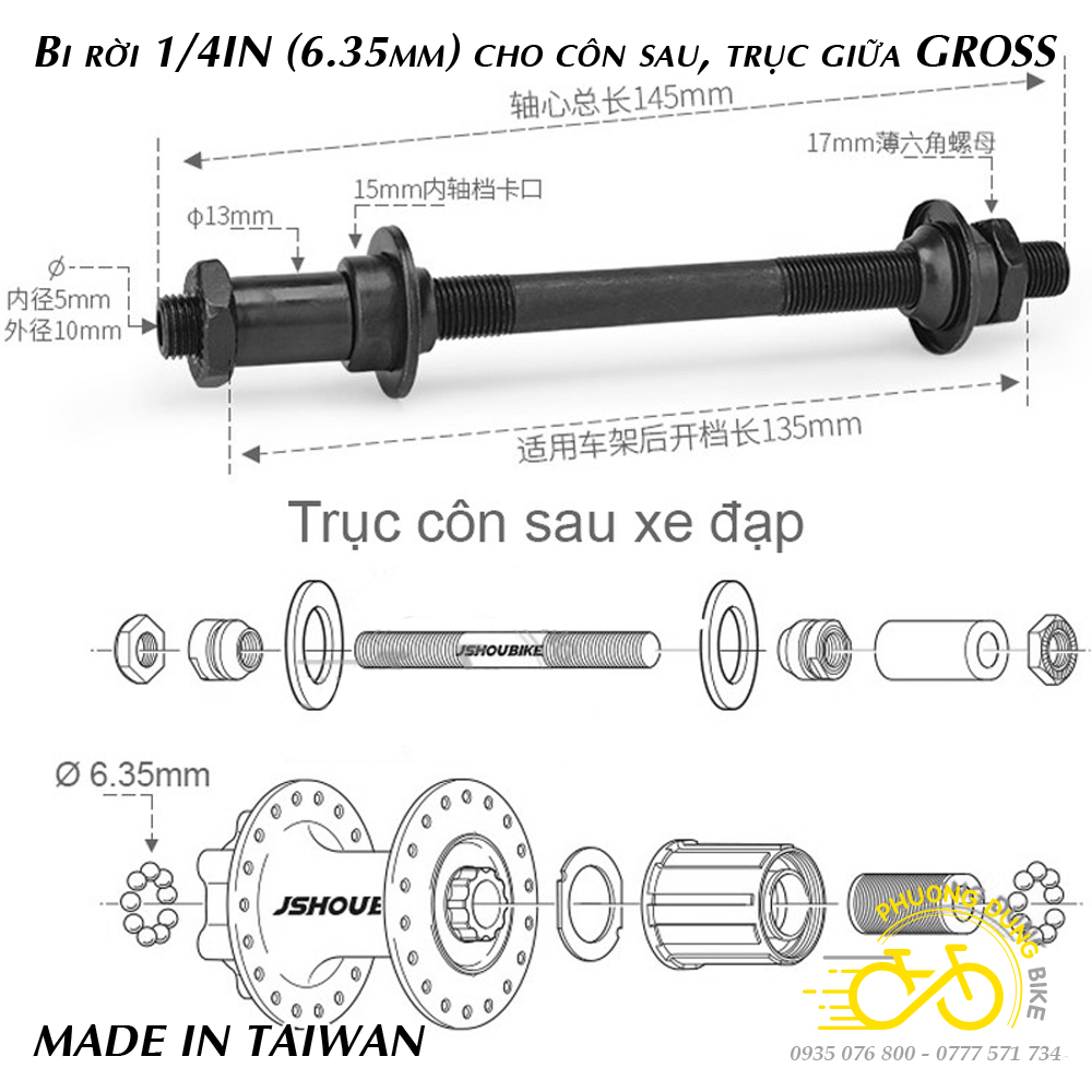Trục côn moay ơ xe đạp trước sau - BI RỜI (Trục rỗng)