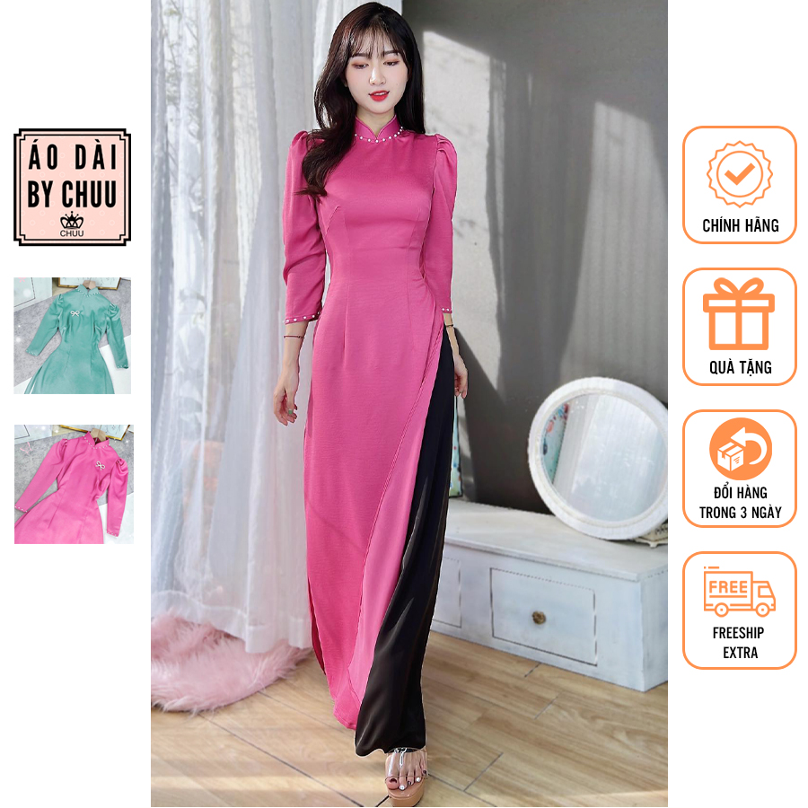 Áo dài cách tân nữ trơn tay phồng cổ dính ngọc sang trọng không kèm quần