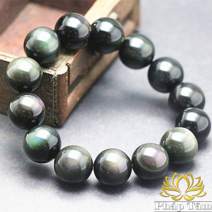 Vòng tay phong thủy đá núi lửa obsidian tự nhiên cao cấp đen xám - pháp tâm