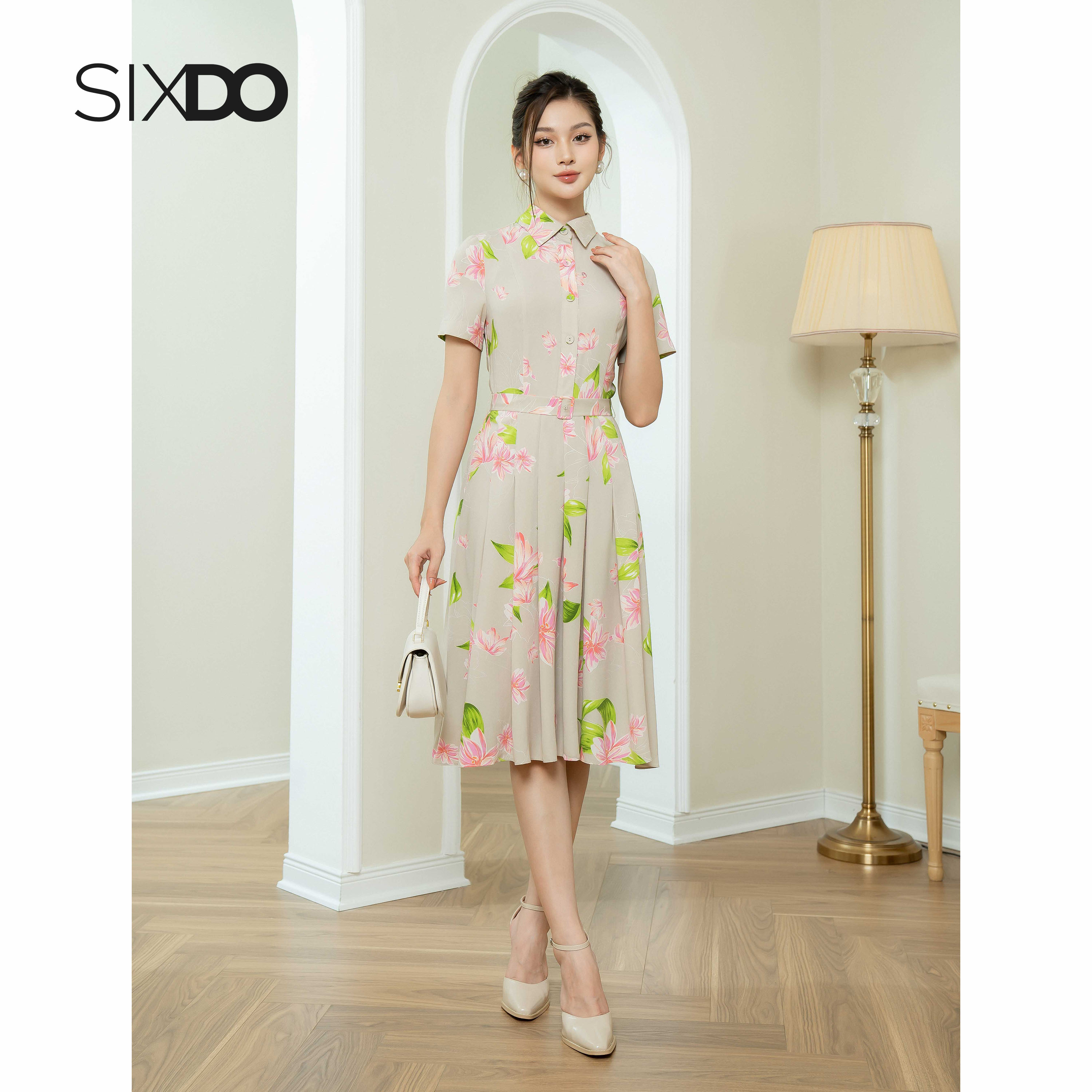 Đầm lụa hoa lily cổ sơ mi sixdo