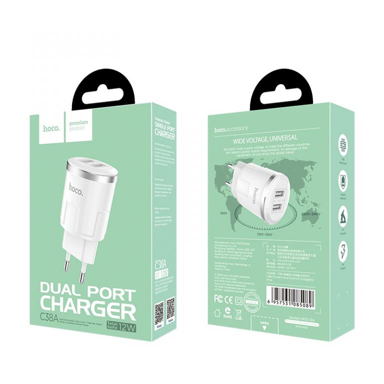 Củ sạc nhanh 2 cổng cho iphone samsung chính hãng hoco C38