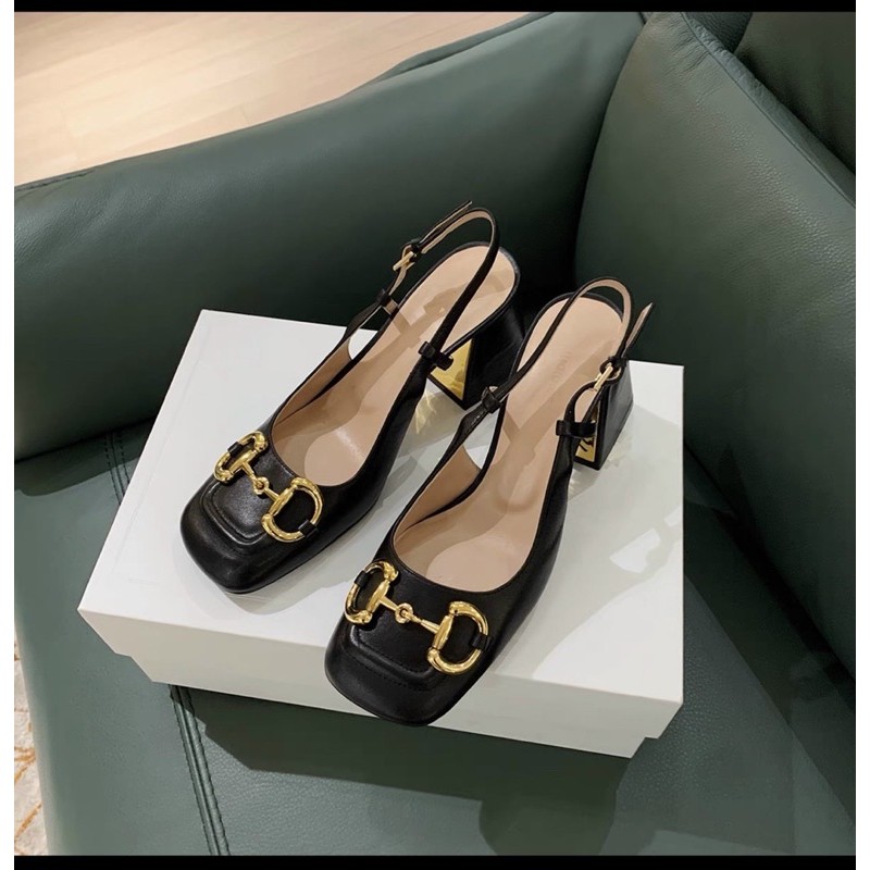Sandal mũi vuông da mềm khoá sắt cao cấp gót 6p