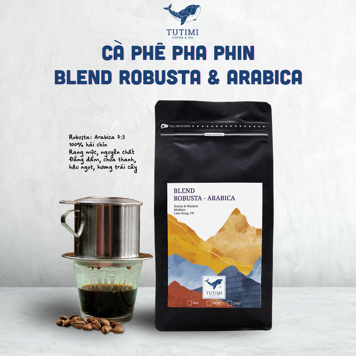 Cà phê nguyên chất Blend Robusta-Arabica, rang mộc đậm đà thơm nồng
