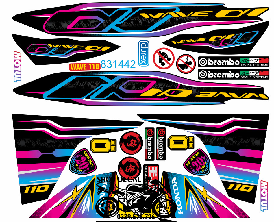 Tem WAVE ALPHA 110 HỒNG XANH LỤC ĐEN MS 831442 - Tem 3 Lớp Cao Cấp