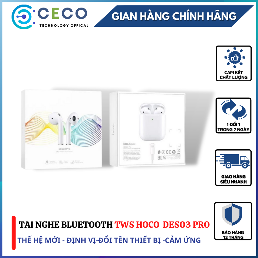 Tai nghe Bluetooth TWS Wireless Hoco DES03 Pro V5.0-Ceco-định vị-đổi tên-chạm cảm ứng cửa sổ kết nối pin 350mAh-Nghe nhạc cực chất-đàm thoại cực rõ-dành cho Học Sinh-Sinh Viên-Công Nhân Viên.