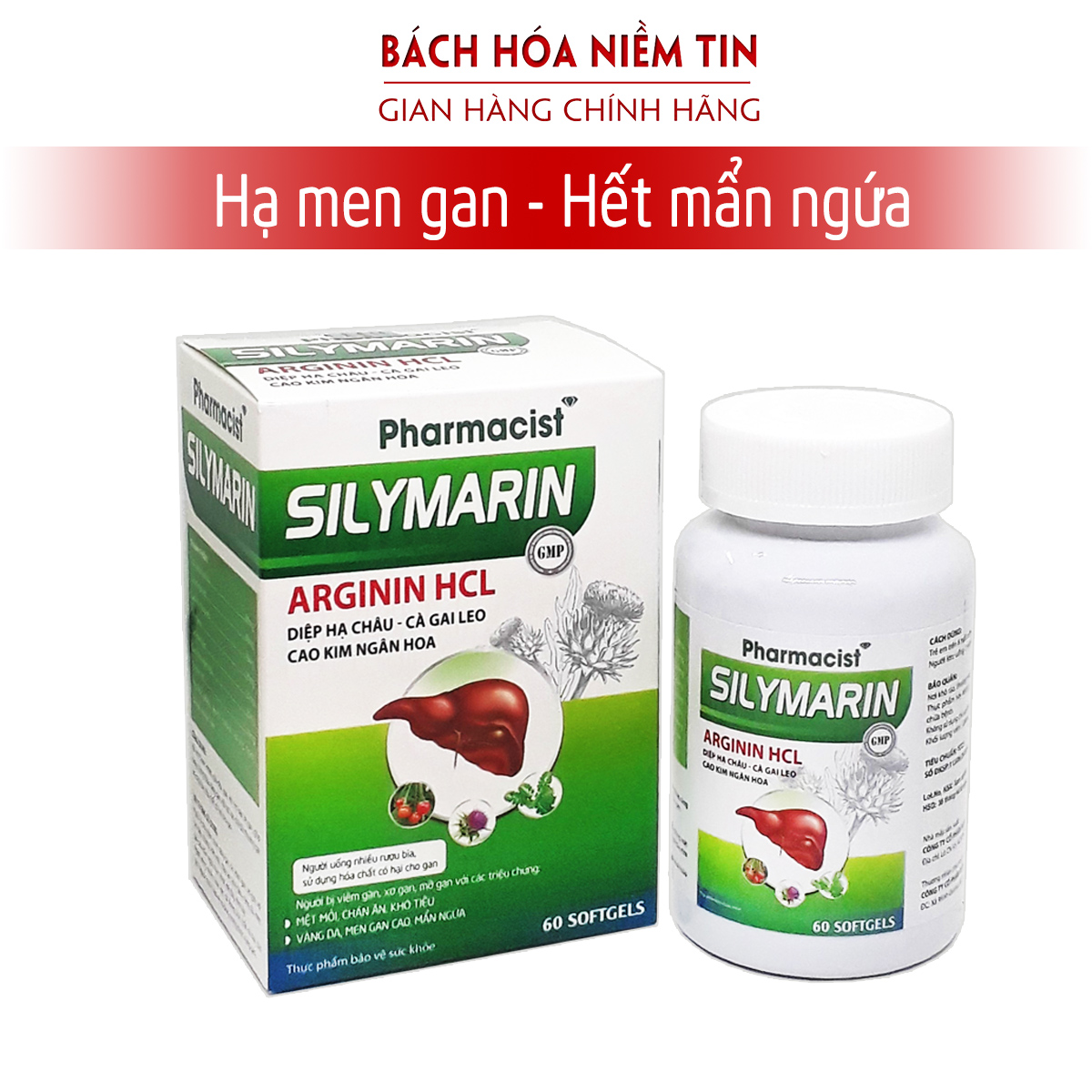 Viên uống giải độc gan, thanh nhiệt cơ thể Silymarin- thành phần diệp hạ châu, cà gai leo, kim ngân hoa- Hộp 60 viên chuẩn GMP bộ y tế