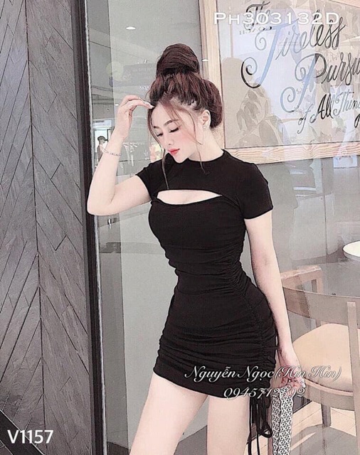 Váy body cộc taykhoét ngực rút dây 2 bên sườn chất zip coton