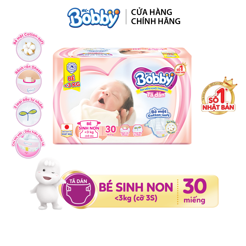 Tã dán Bobby 3S cho bé sinh non, nhẹ cân <3kg -30 miếng