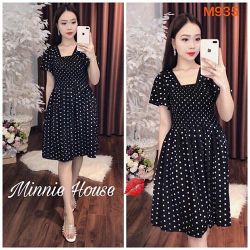 Đầm chấm bi nhún ngực von lụa 40-50-QH