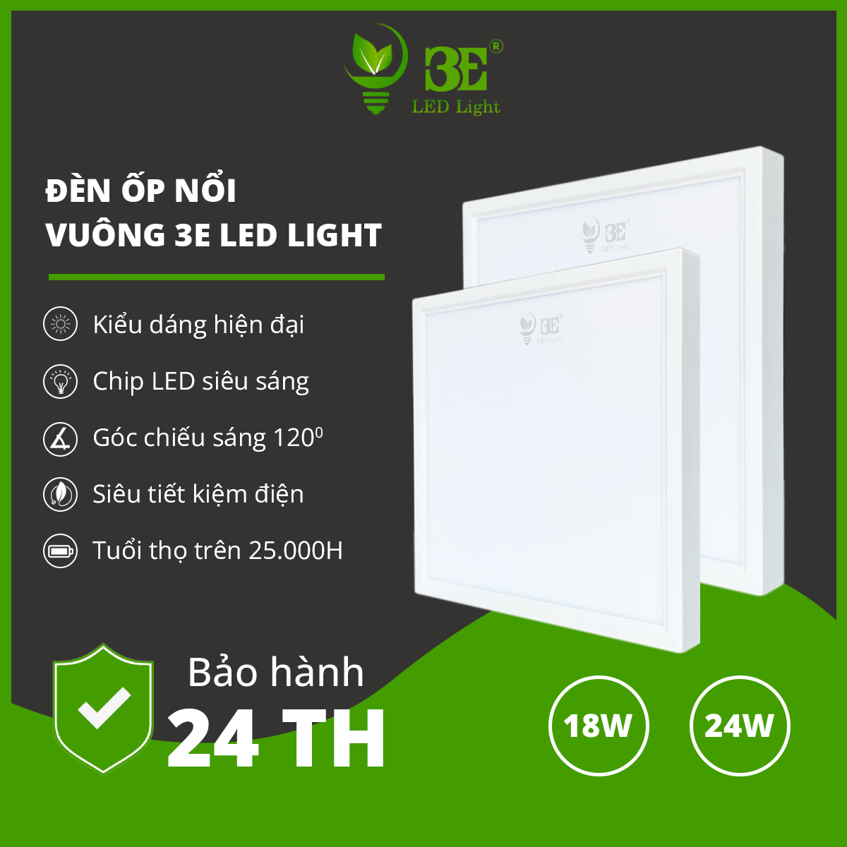 Bộ Đèn 3E LED LIGHT Ốp Trần vuông lắp nổi - Công suất (18W, 24W)