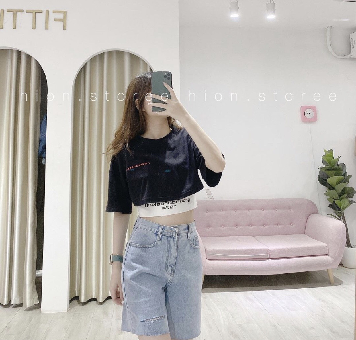 Set quần ngố rách 1 line+ set croptop đen