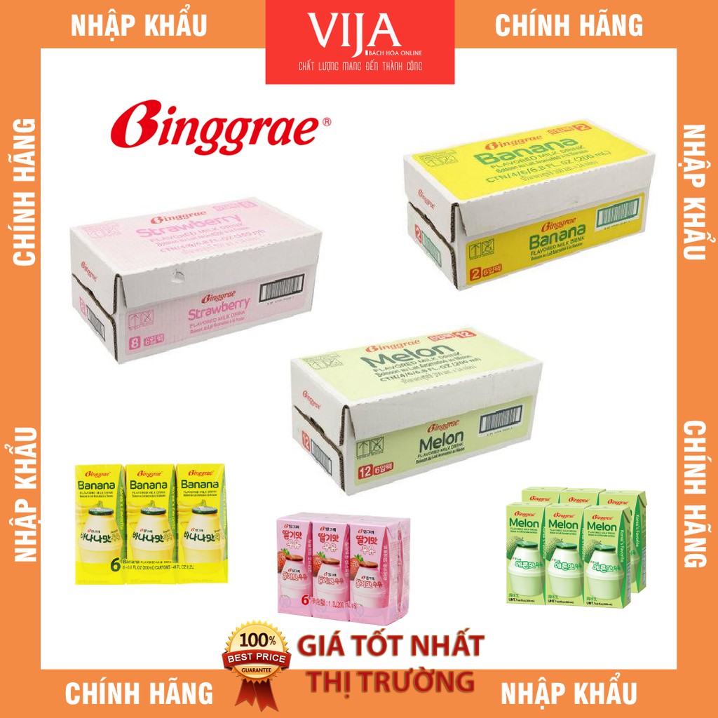 [Lốc 6hộp] Sữa Hàn Quốc Binggrae vị Dâu - Dưa lưới - Chuối DATE MỚI