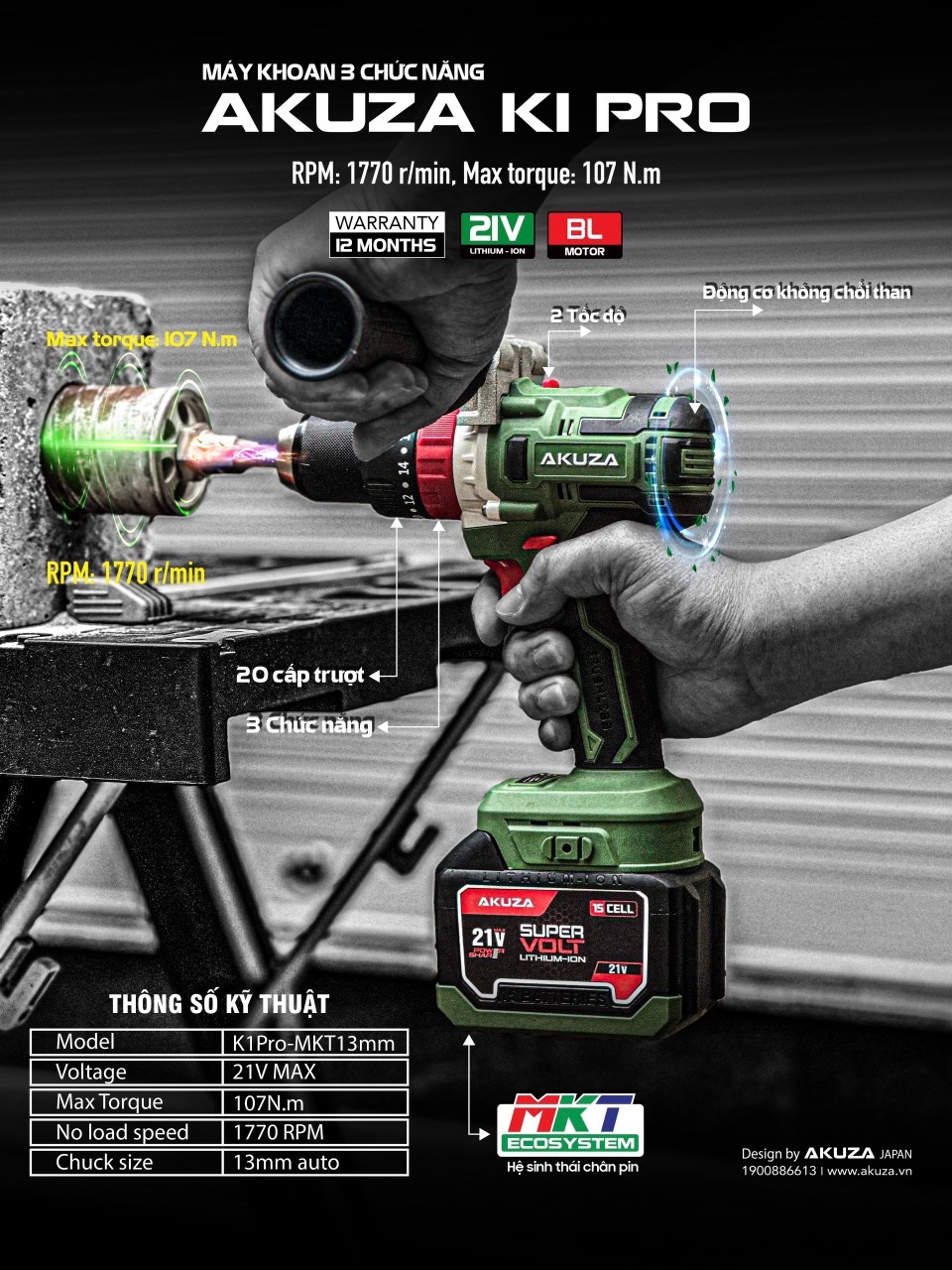 Máy Khoan Pin 21v - 3 Chức Năng K1Pro-MKT13 (2 pin 15cell - 4.5Ah)