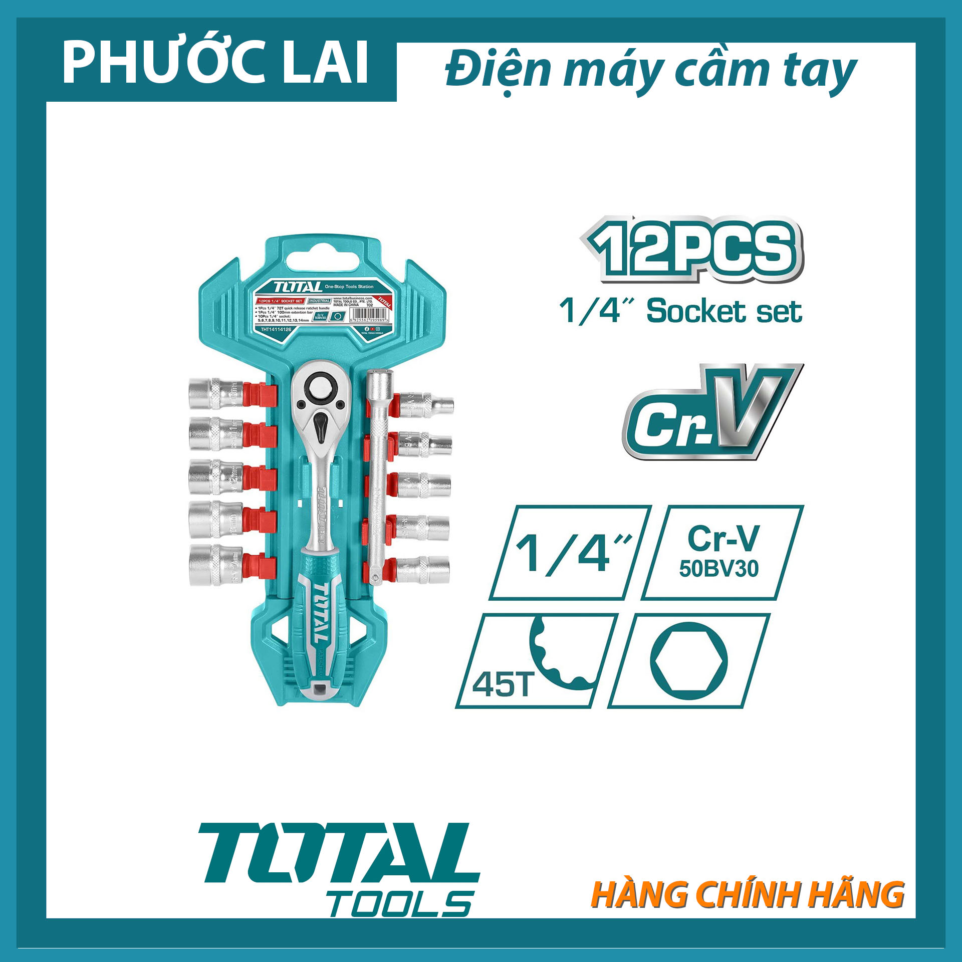 Bộ cờ lê và đầu tuýp 12 chi tiết 1/4" total tht14114126