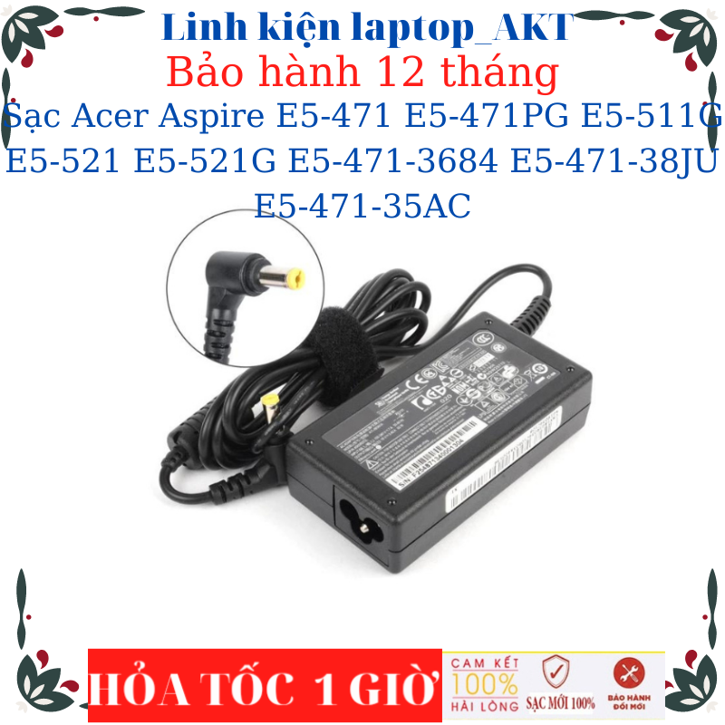 Laptop Charger for Acer Aspire 4736Z E5-471 E5-471Pg E5-511G E5-521 E5-521G E5-471-3684 E5-471-38Ju E5-471-35Ac- 19V-3.42A Charger with Gold Pin