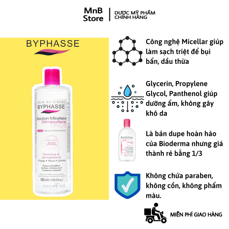 [Hàng nhập khẩu, có tem] Nước tẩy trang BYPHASSE Solution Micellaire không cồn, lành tính 500ml - MnB Store nhập khẩu