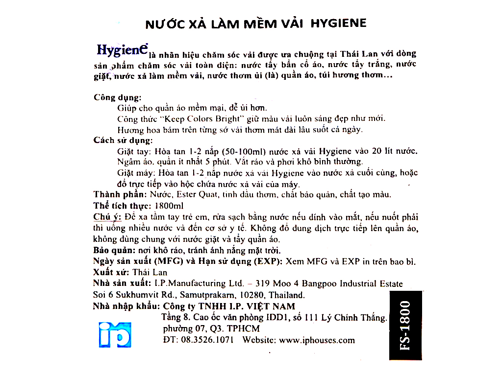 Nước xả vải Hygiene Red Aroma 1.8 lít