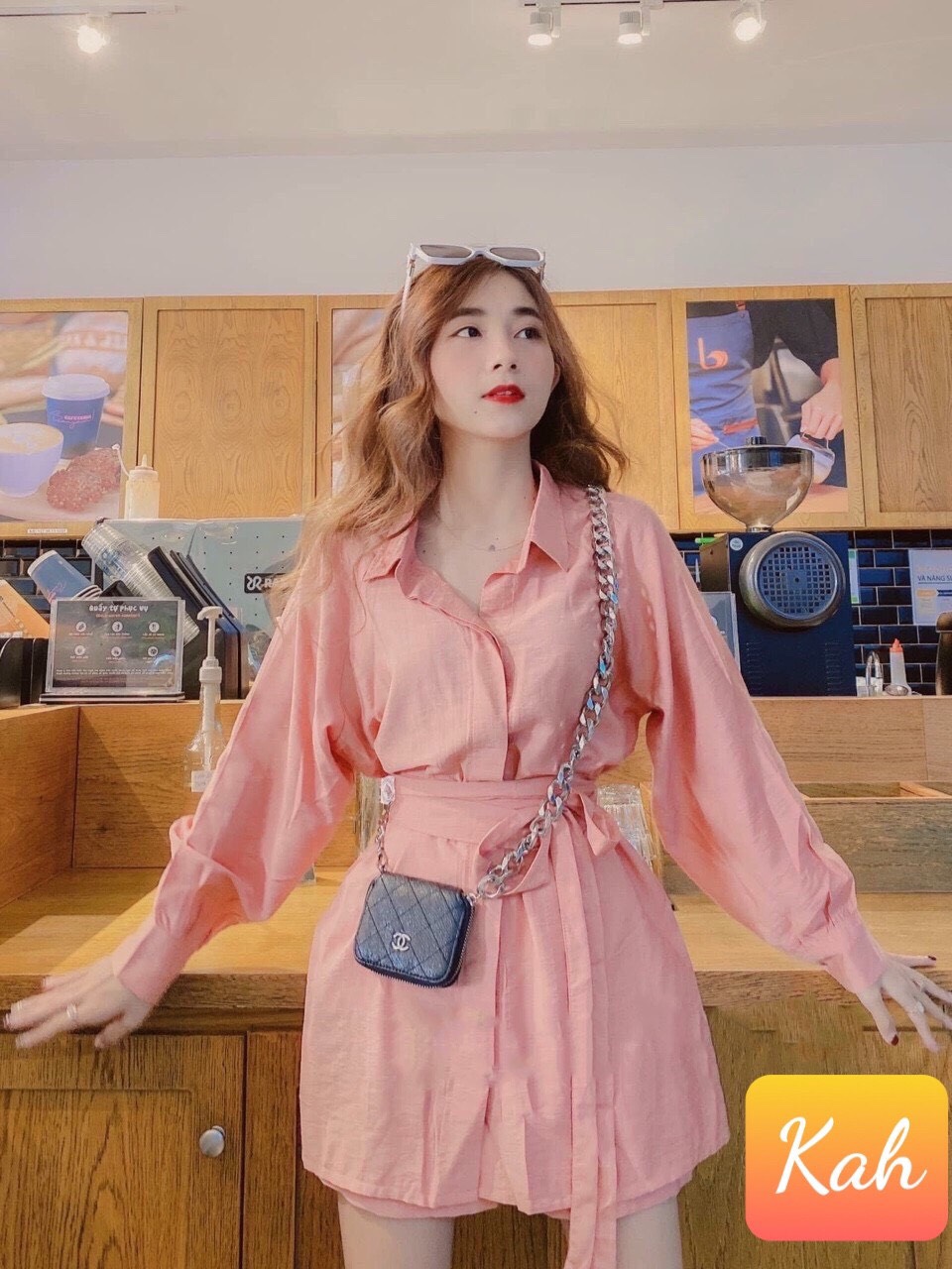 Set váy cổ sơ mi tay dài cột nơ eo