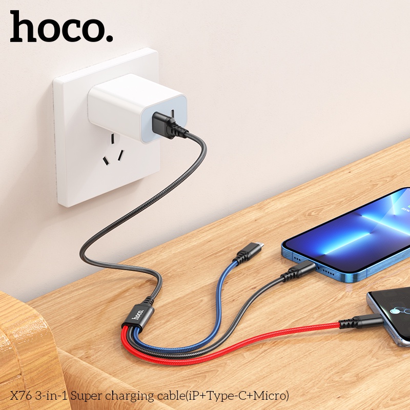 Dây cáp sạc 3 đầu Hoco X76 IP/Micro/TypeC dài 1m bọc dù dòng 2A