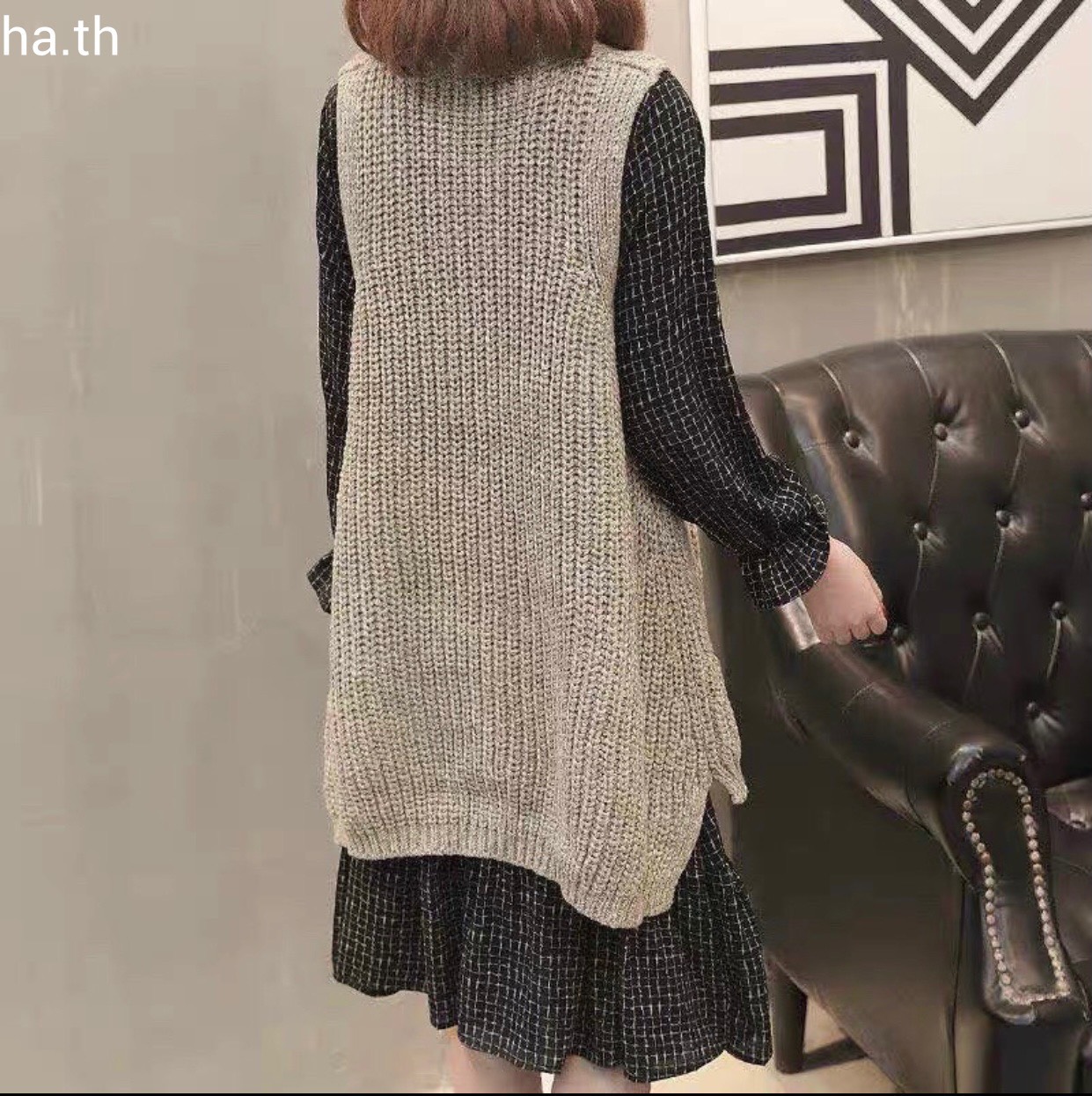 Set áo len gile váy đuôi cá cổ nơ