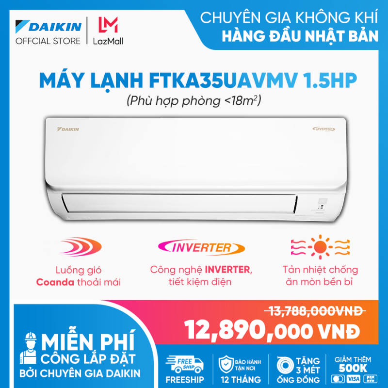 Máy Lạnh Daikin Inverter FTKA35UAVMV 1.5HP [Giảm 10% khi thanh toán qua thẻ] (12000BTU) - Tiết kiệm điện - Luồng gió Coanda - Độ bền cao - Chống Ăn mòn - Chống ẩm mốc - Làm lạnh nhanh - Hàng chính hãng
