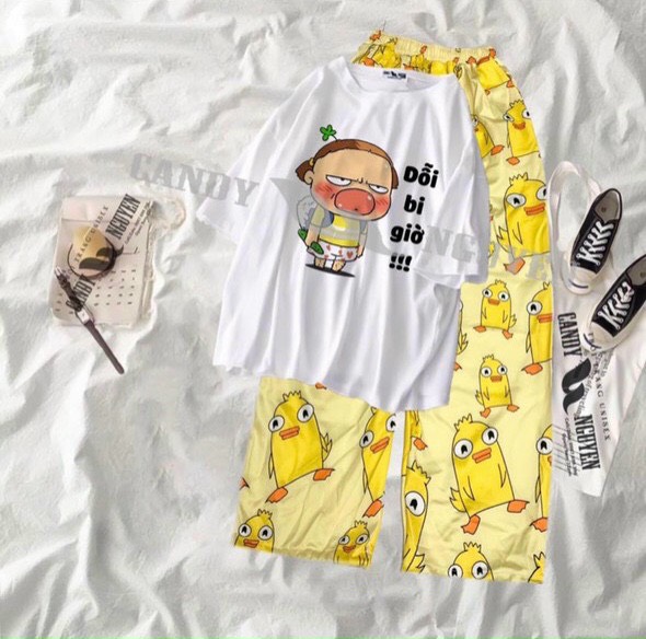 Đồ Bộ Hoạt Hình 3D Cartoon Dễ Thương Quỳnh Aka Giận Dỗi + Quần Ống Rộng Hot Trend Hàn Quốc , Thun Coton Mát Mẻ , Nam Nữ Mặc Nhà Hoặc Dạo Phố Đều Được TTSLB0169