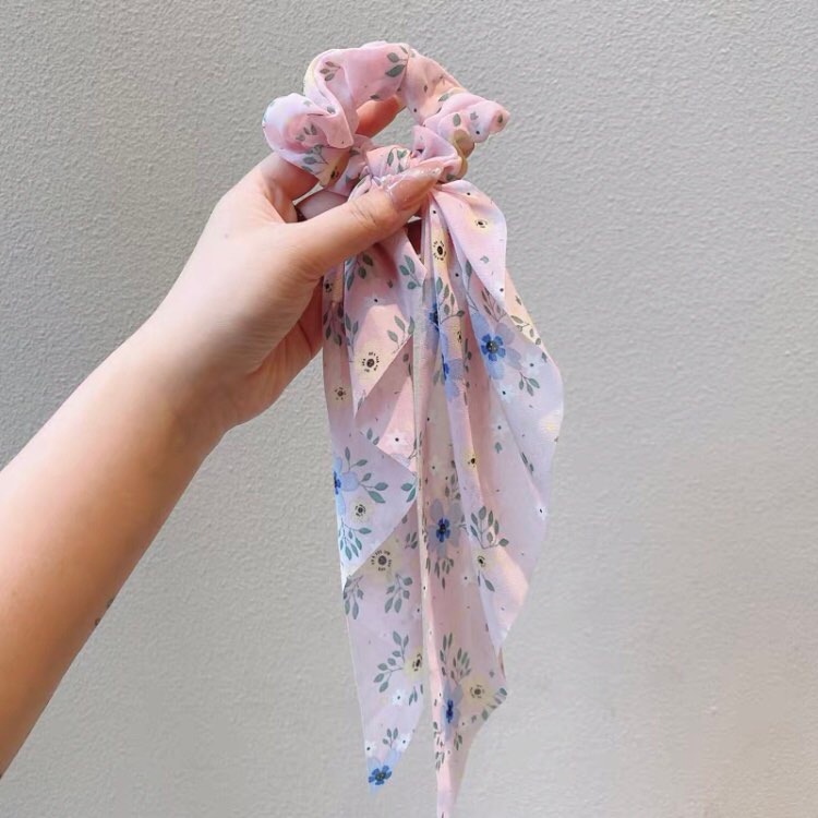 Cột tóc scruchies nơ dài hoa - Dây buộc tóc lụa