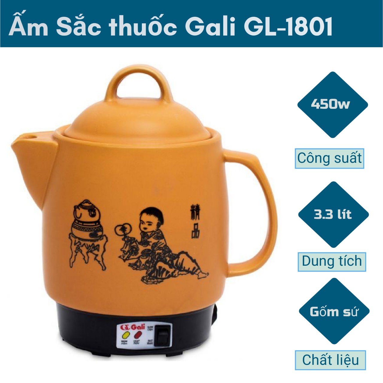 Ấm Siêu sắc thuốc Gali GL-1801 3.3 lít