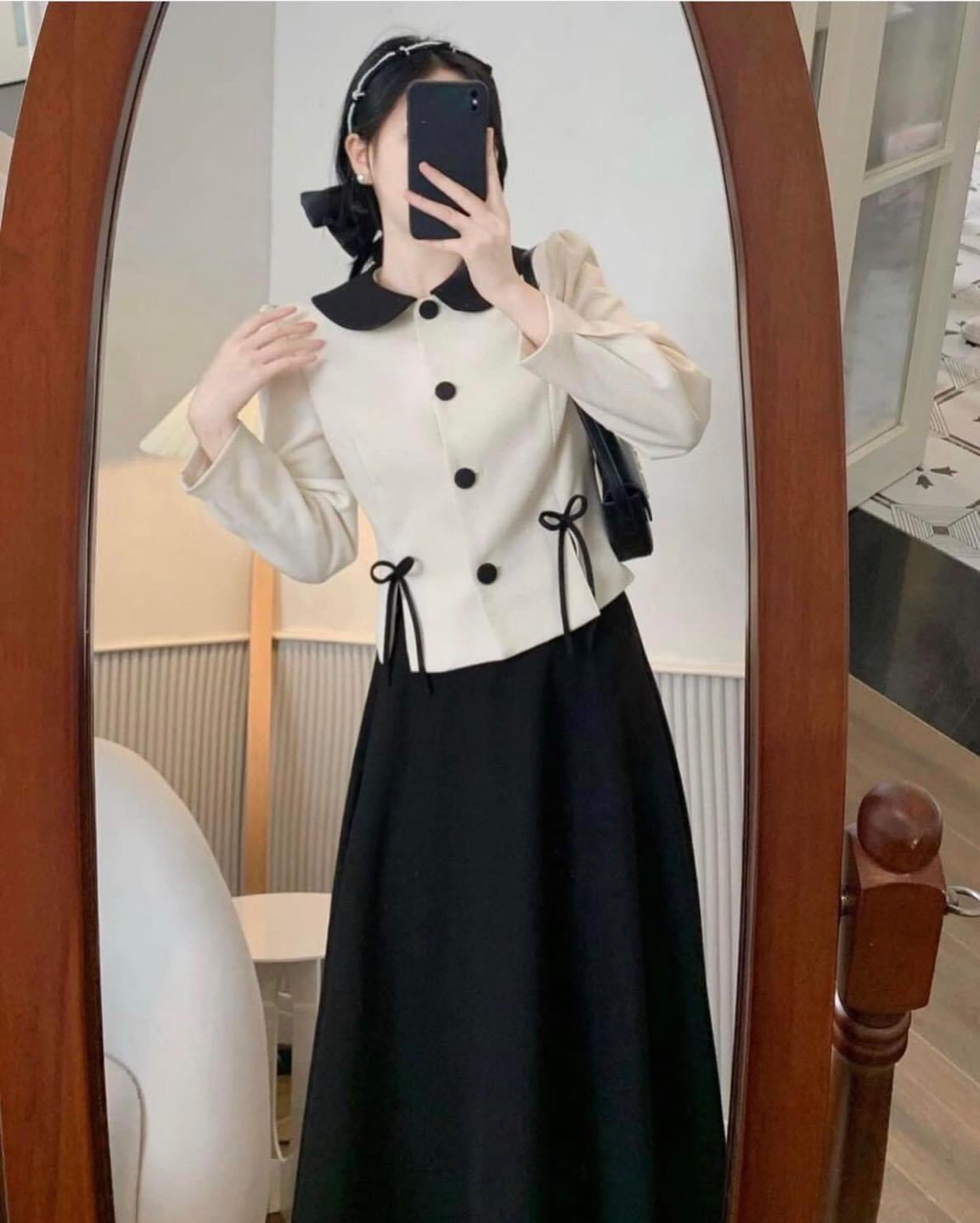 Set váy midi thời trang Hàn Quốc kiểu dáng vintage, áo tiểu thư cổ bẻ nữ tính tay dài, set tiểu thư nữ sinh