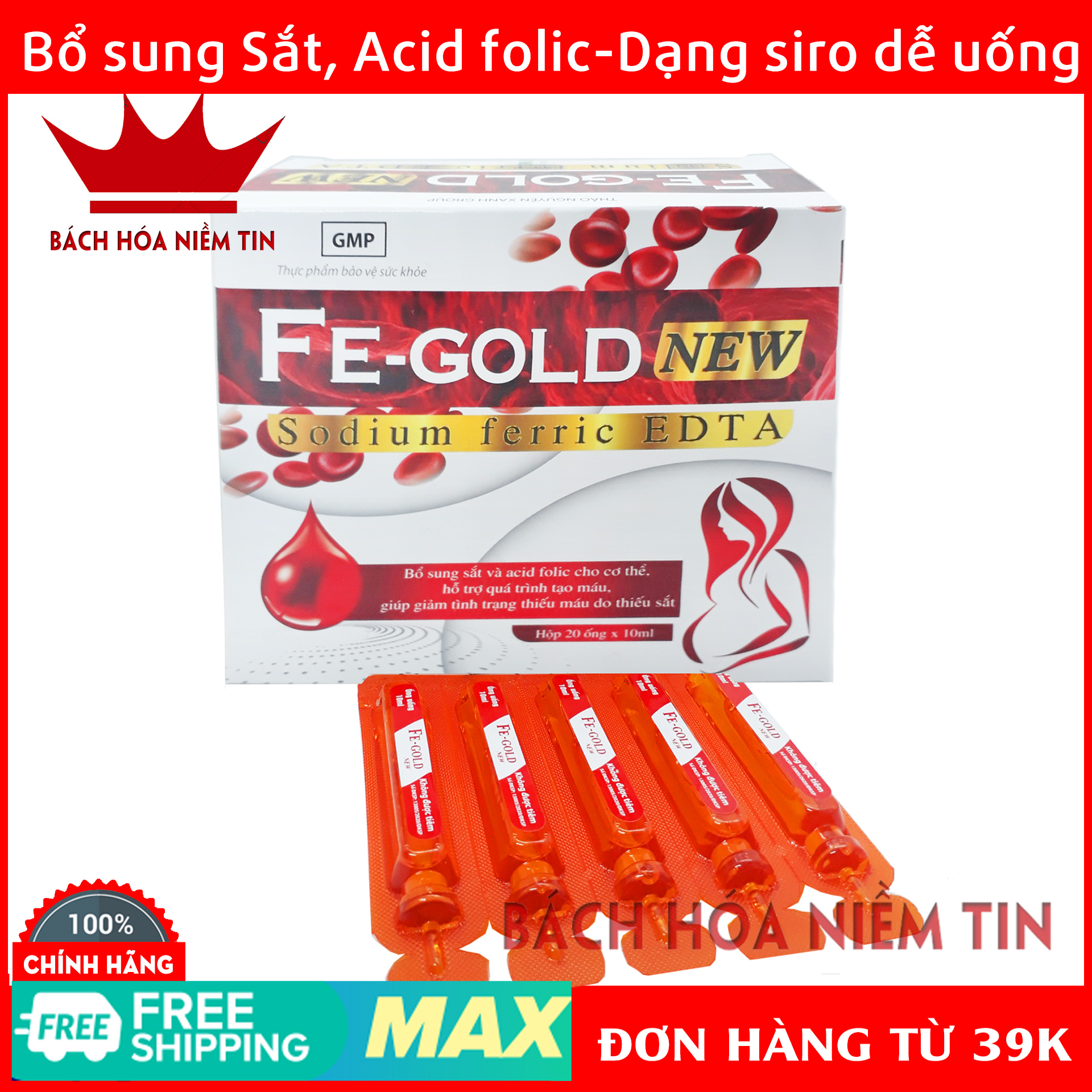 Bổ máu FE GOLD NEW Bổ sung sắt, Acid Folic cho bà bầu và trẻ từ 2 tuổi - Dạng siro an toàn, dễ uống - Hộp 20 ống 10ml- Chuẩn GMP