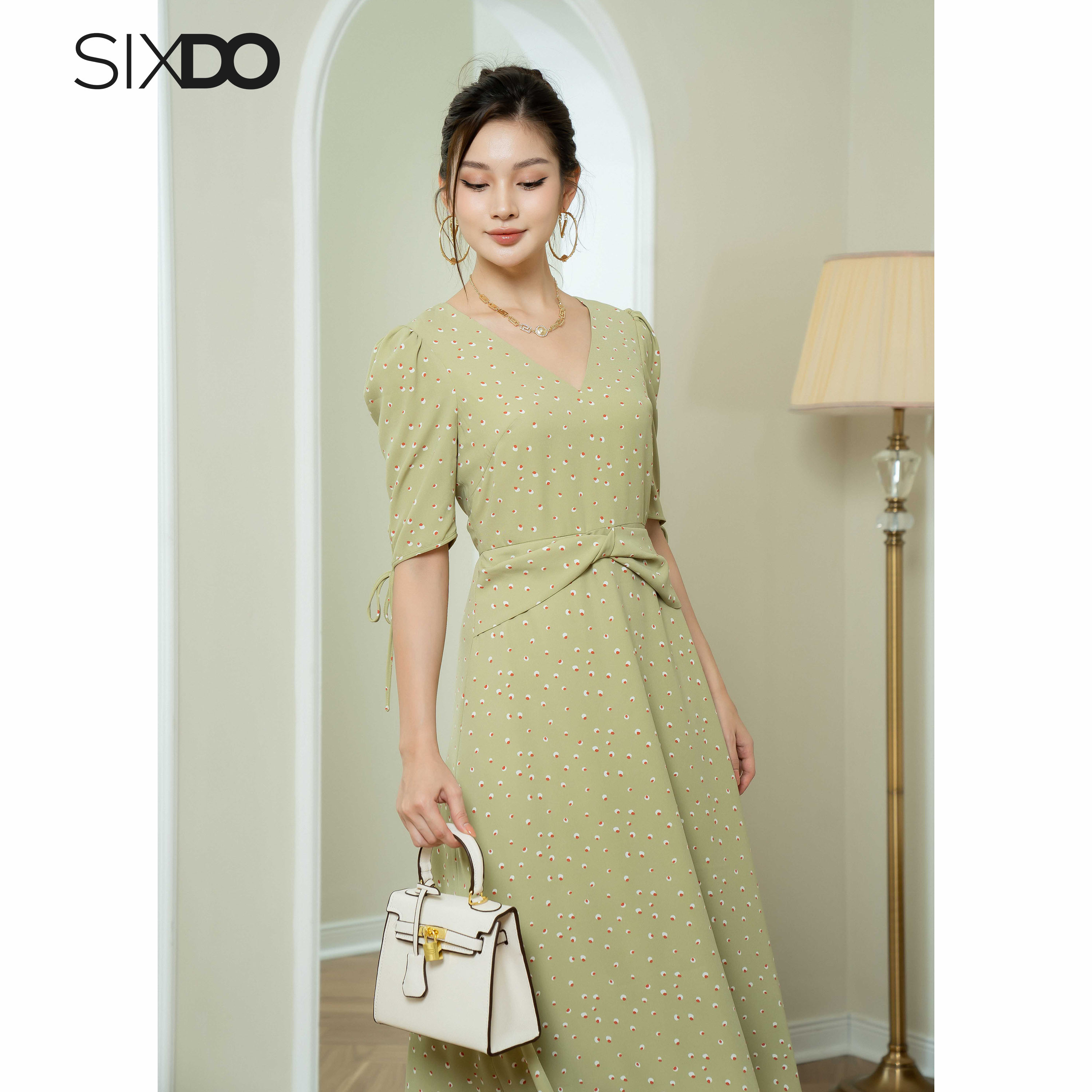 Đầm lụa cổ V tay lửng SIXDO (Light Green Nuggets Midi Silk Dress)