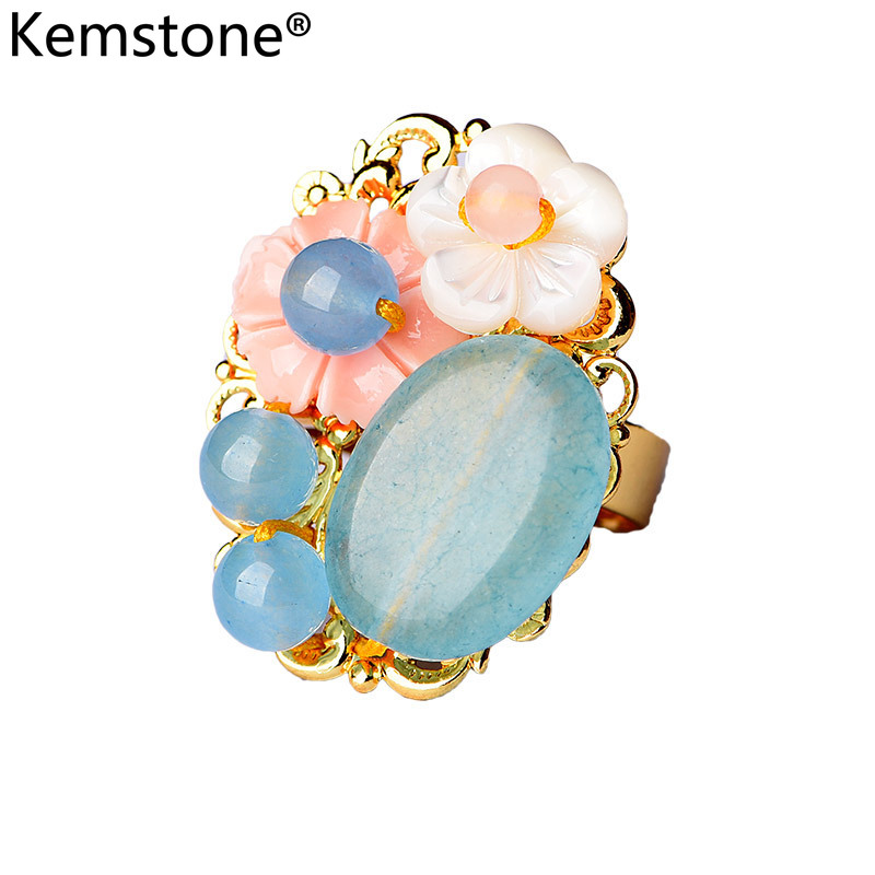 Kemstone Sweet Created Jade Pink Blue Flowers Women Adjustable Cuff Ring Jewelry Gift